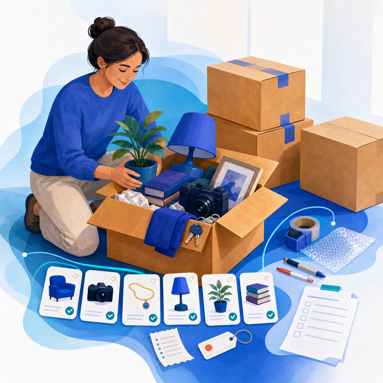 An open moving box with its household items, label, receipt, serial details, and packing list kept together