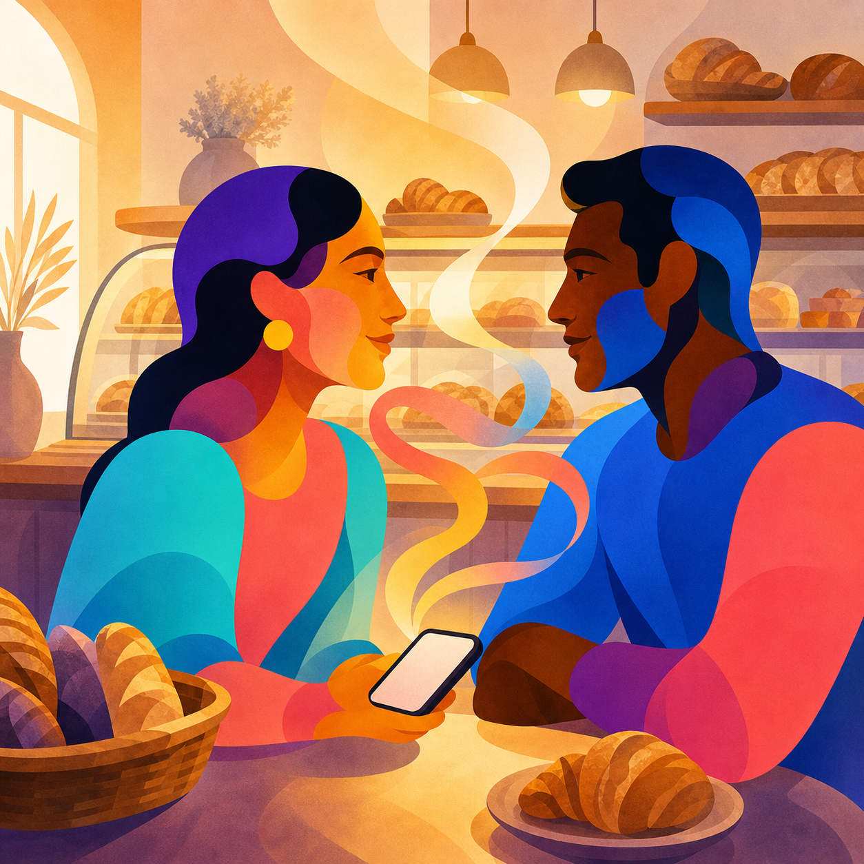 Two people sharing a warm bakery conversation with blurt between them