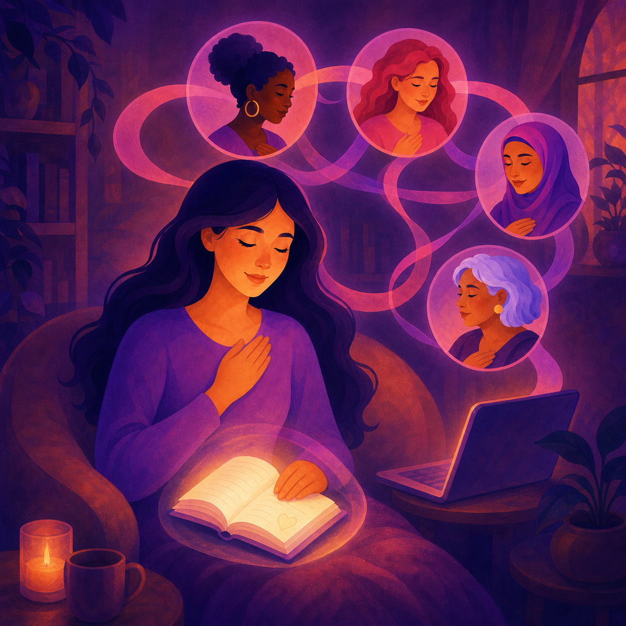 A woman choosing support from a caring online circle while her private journal remains separate