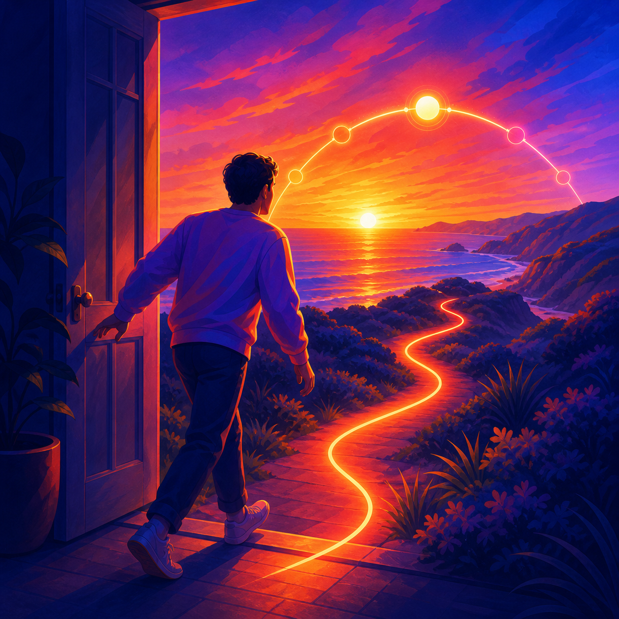 A person gets an alert before a dramatic sunset lights up
