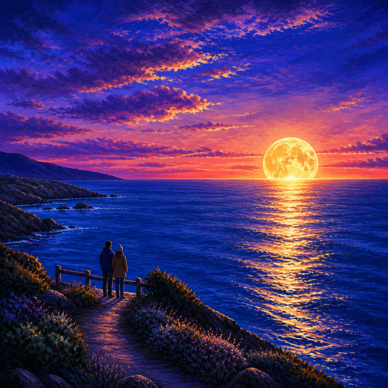 Two people at a coastal overlook watching a golden moon rise exactly on the ocean horizon