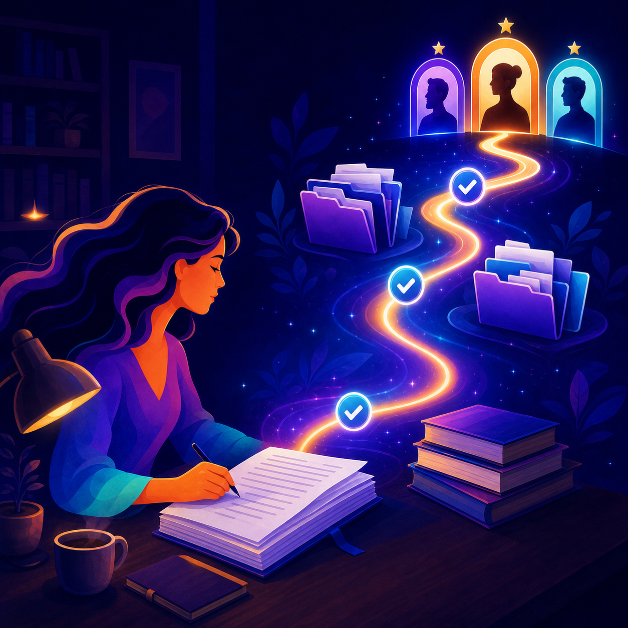 A writer following one clear glowing path through organized research toward the right literary agents