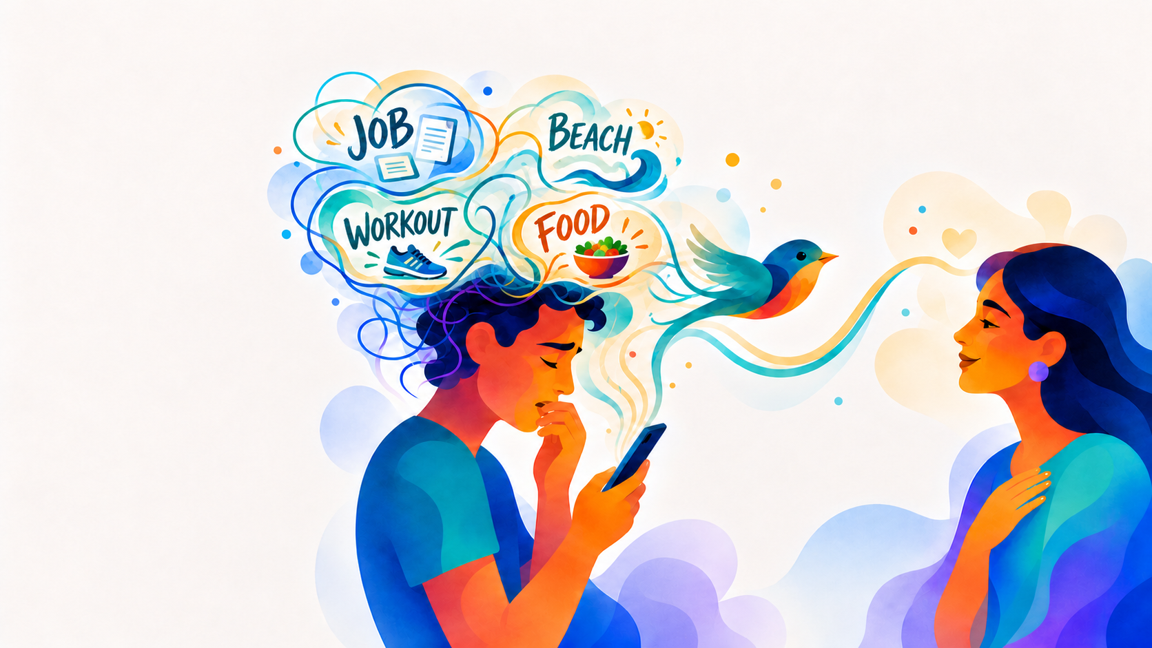 A person thinking about job, beach, workout and food while Finch carries a reply toward another person.