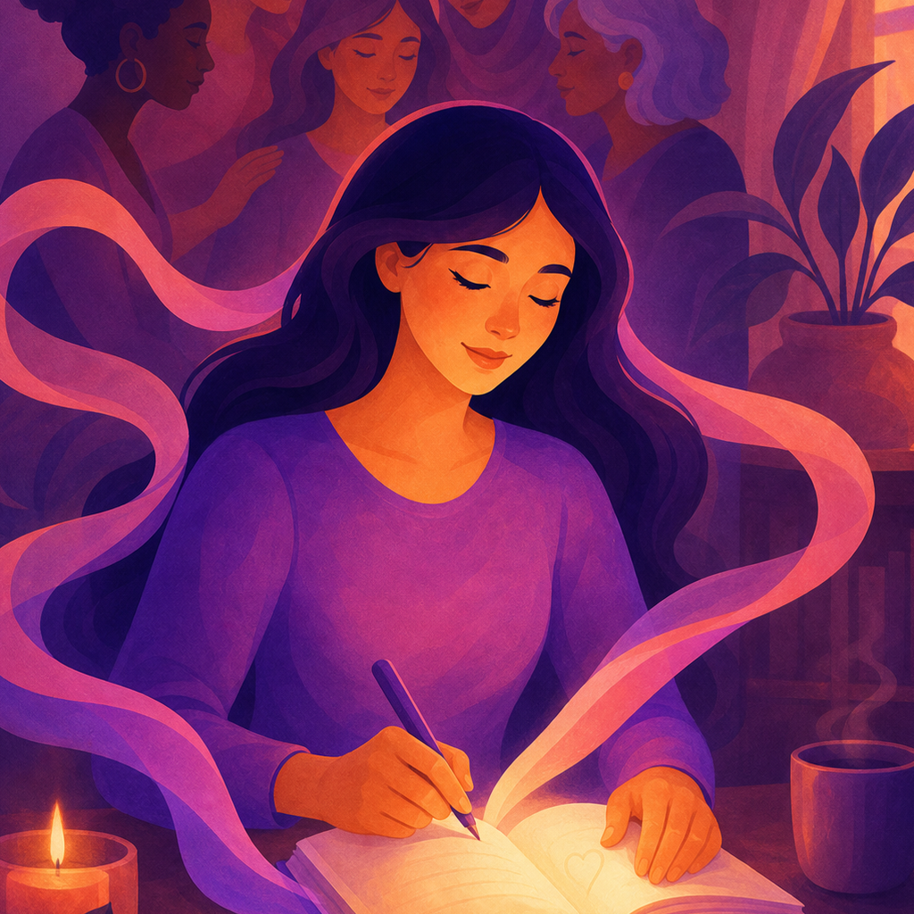 A woman writing privately while supportive ribbons of light connect the moments in her story