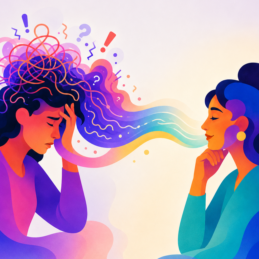 A frustrated person finding calm words before speaking with someone
