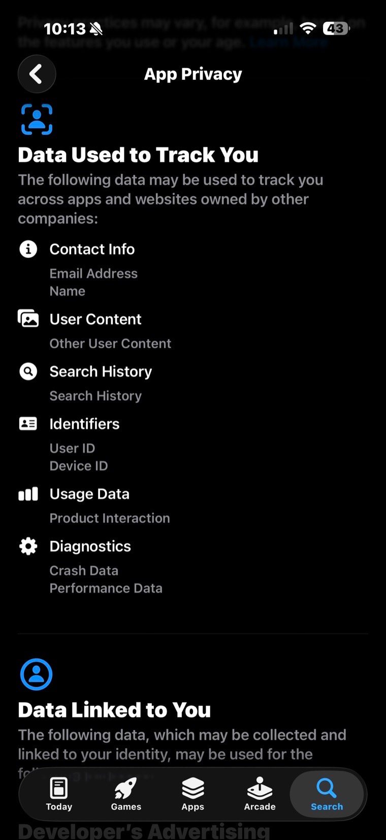 An App Store privacy screen showing categories of data used to track people