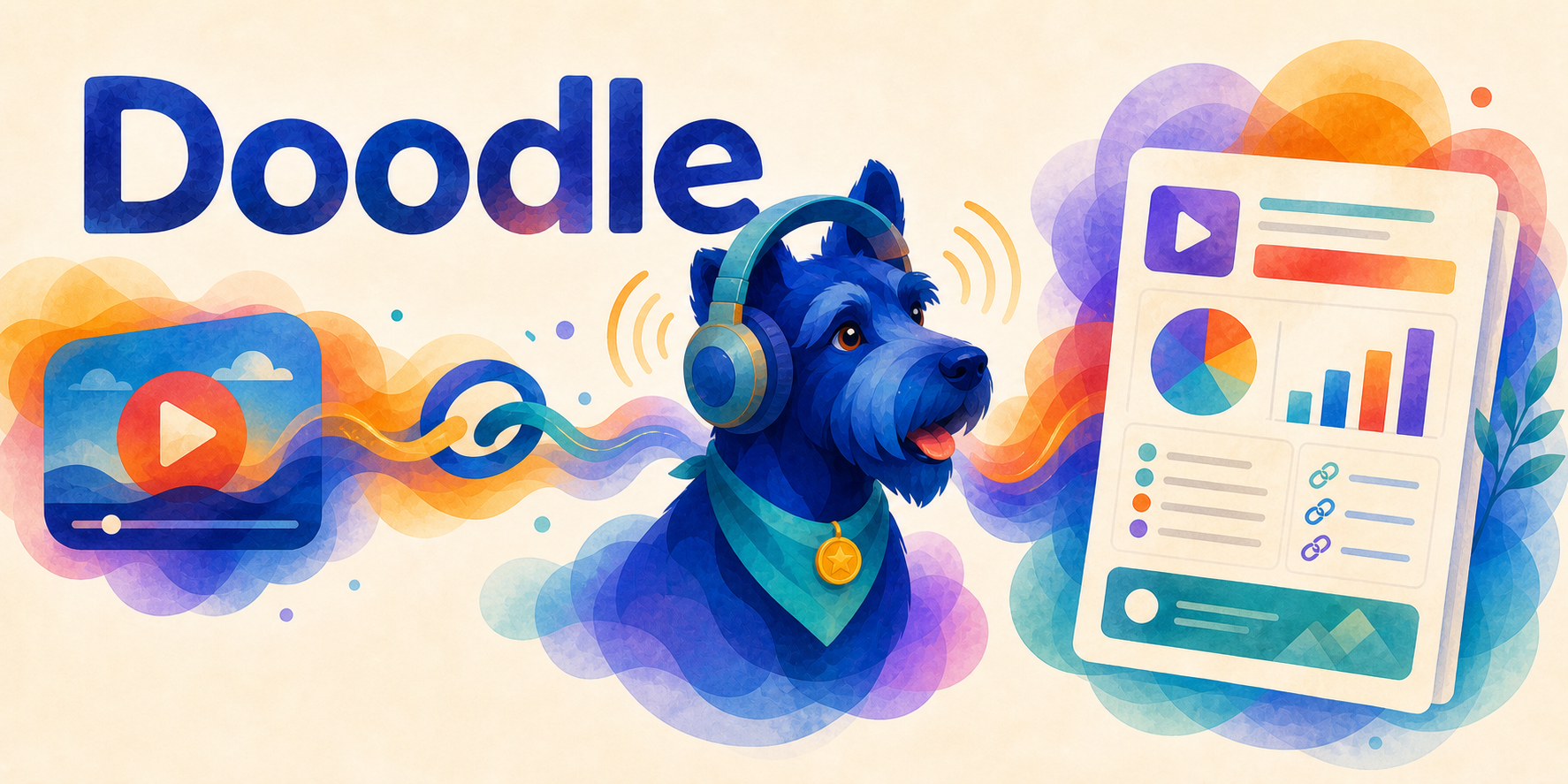 Doodle’s painterly Scotty mascot listening to a video beside an organized research report