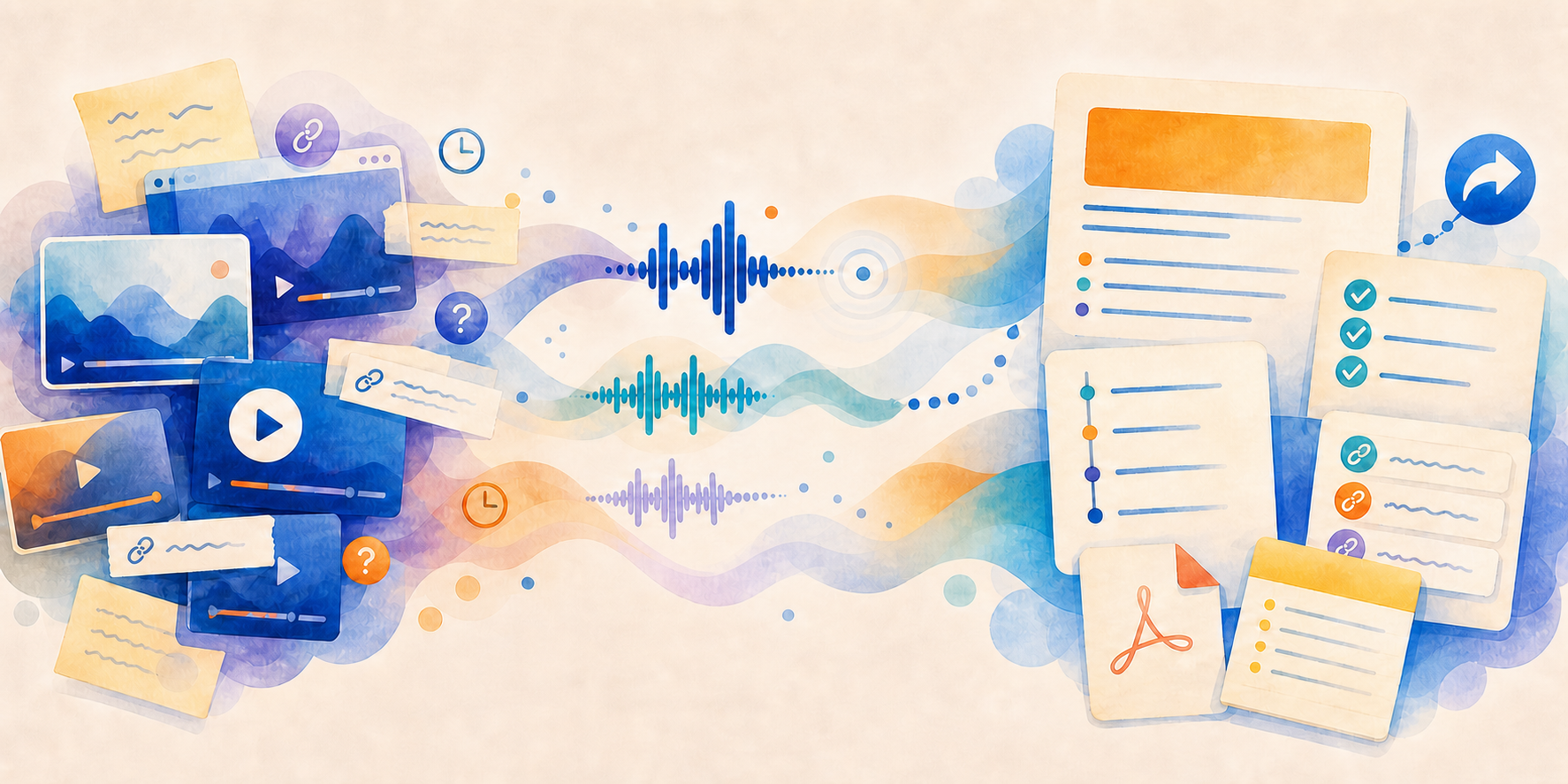 Painterly story showing scattered video windows becoming listening waveforms, organized notes, links, checklists, a PDF, and a shareable report