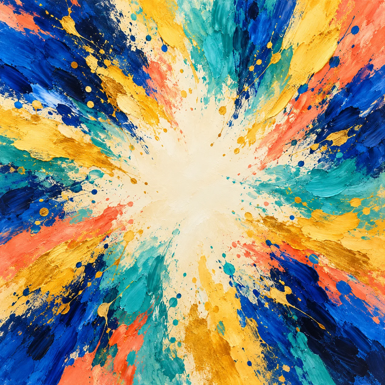 An expressive painterly burst of cobalt, turquoise, gold and coral