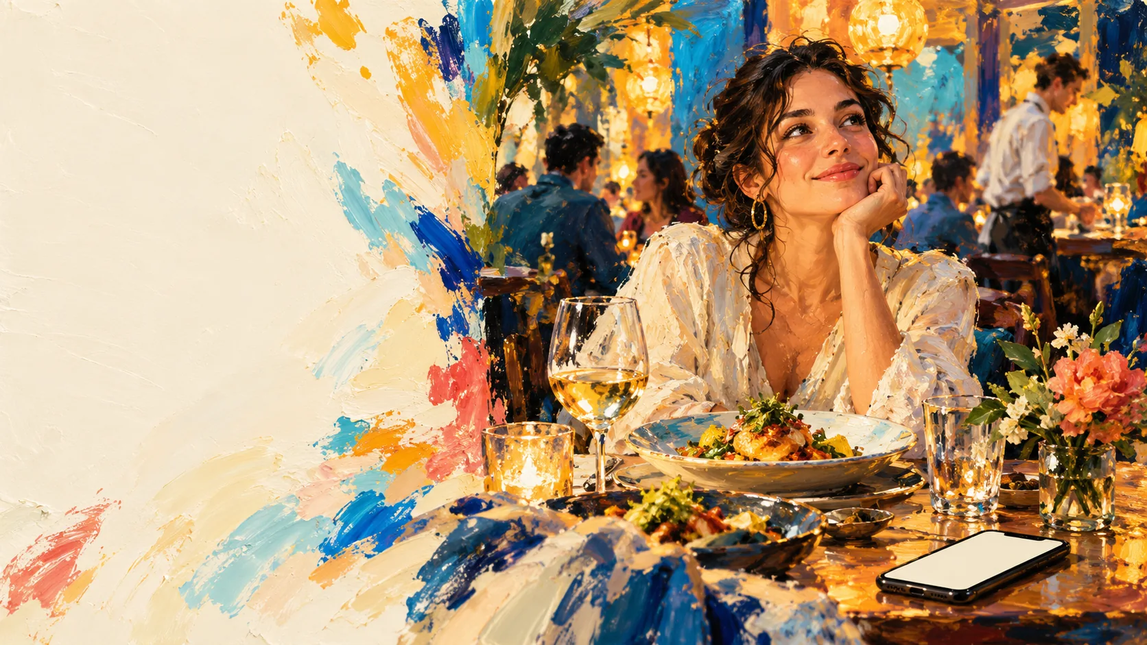 A diner reflecting on a memorable meal at a lively restaurant