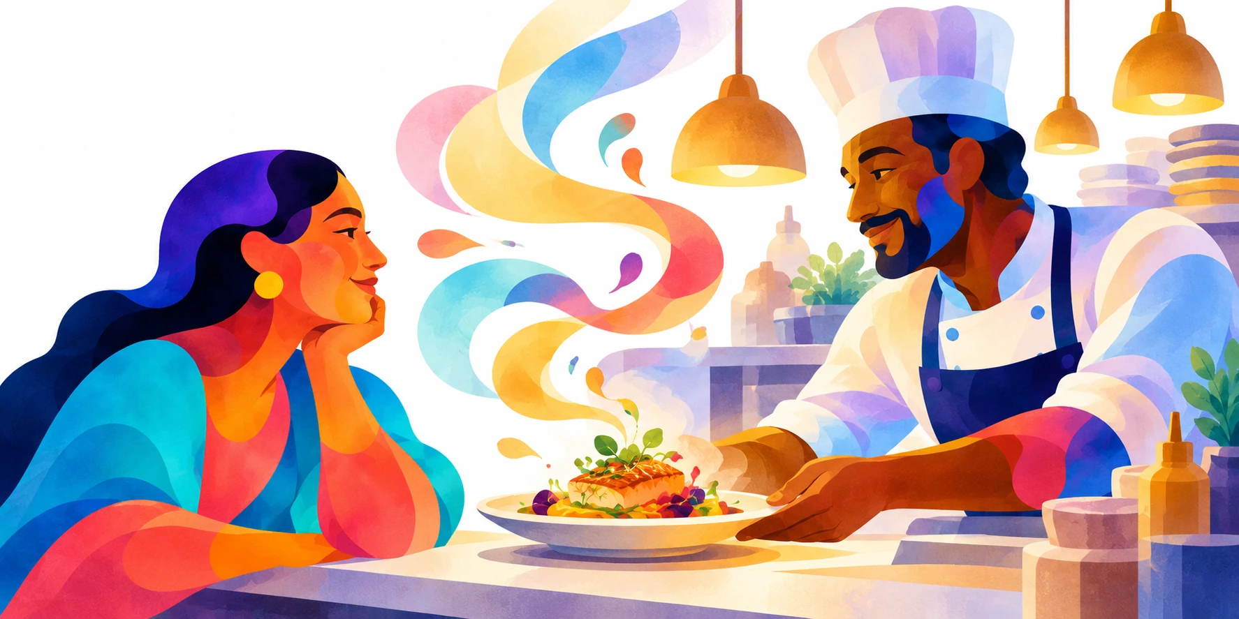 A guest and chef share a warm smile over a meal, joined by flowing painted ribbons of turquoise, coral and gold.